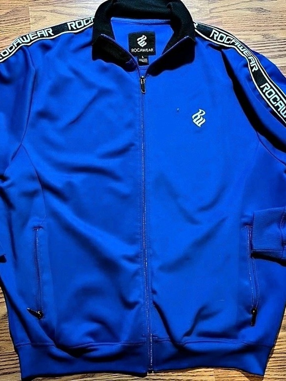 Y2K Vintage Rocawear Zip Up Sweatshirt Blue Large Spell Out On Sleeves
